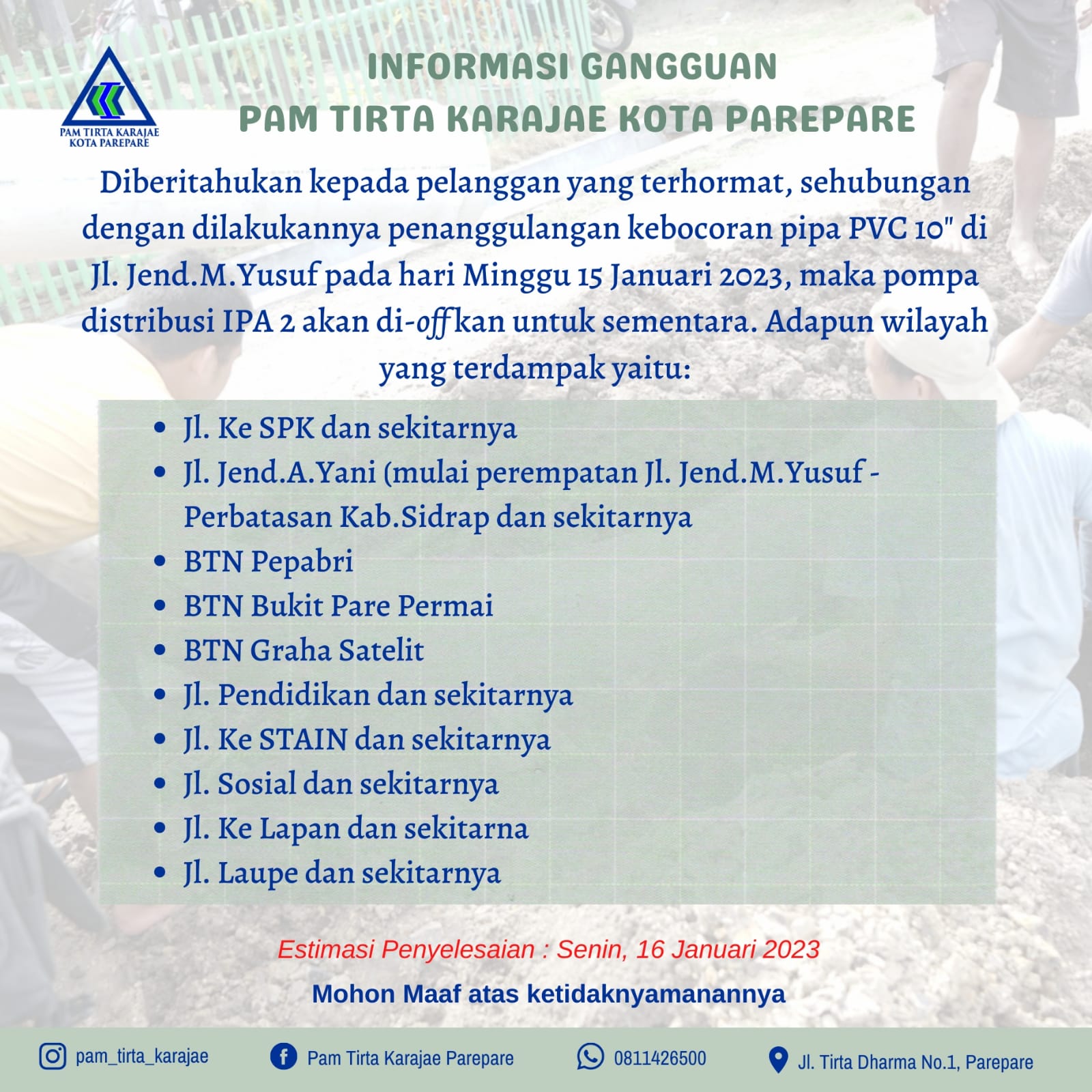 Penanggulangan Kebocoran Pipa, PAM Tirta Karajae Parepare Umumkan Wilayah Terdampak